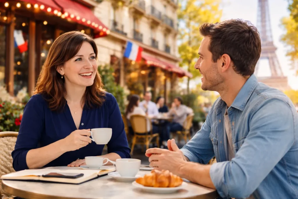 Two adults having a conversation in French at a Paris café